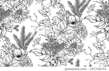 Vector seamless pattern with winter flowers and plants. Christmas endless background. 107736331