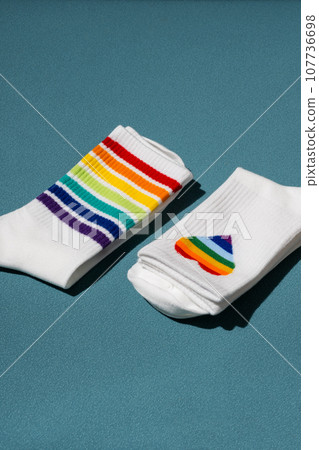 Rainbow socks layout. Symbolic pride month LGBT. Rainbow socks layout. Symbolic pride month LGBT. 107736698