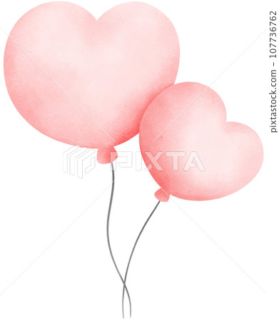Cute pink heart shaped balloon watercolor illustration 107736762