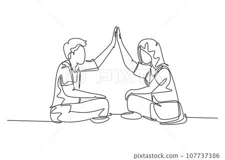 Continuous one line drawing of young happy couple male and female student sitting on the floor and giving high five gesture. Relationship concept. Single line draw design vector graphic illustration Continuous one line drawing of young happy couple male and female student sitting on the floor and giving high five gesture. Relationship concept. Single line draw design vector graphic illustration 107737386