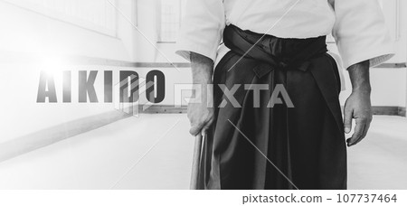 Man practicing aikido in a dojo background. 107737464