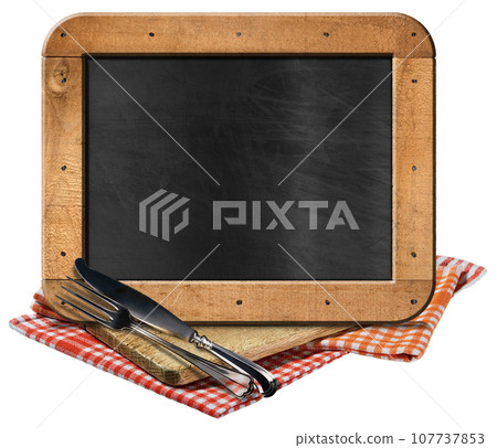 Empty Blackboard and Silver Cutlery above a Wooden Cutting Board 107737853