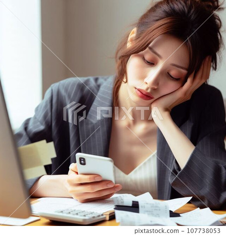 一個忙著整理帳單的女人;一個忙著計算收入並為家庭財務而苦苦掙扎的家庭主婦。 一個忙著整理帳單的女人;一個忙著計算收入並為家庭財務而苦苦掙扎的家庭主婦。 107738053