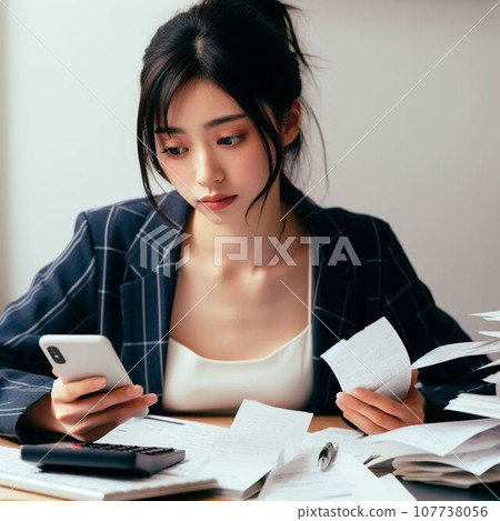 一個忙著整理帳單的女人;一個忙著計算收入並為家庭財務而苦苦掙扎的家庭主婦。 一個忙著整理帳單的女人;一個忙著計算收入並為家庭財務而苦苦掙扎的家庭主婦。 107738056