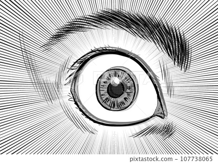 Close-up illustration of an eye with its pupils dilated 107738065