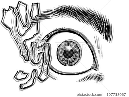 Close-up illustration of an eye with its pupils dilated 107738067
