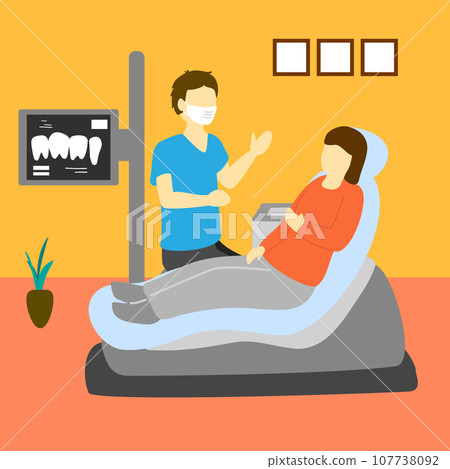 A woman receiving an explanation from a male dental hygienist at the dentist 107738092