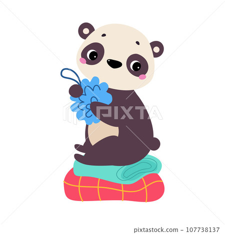 Cute Panda Washing Body with Sponge Sit on Towel Vector Illustration 107738137