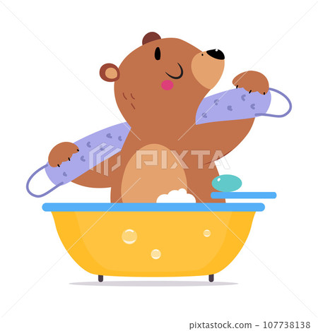 Cute Bear in Bathtub Washing Body with Scrub and Foam Vector Illustration 107738138