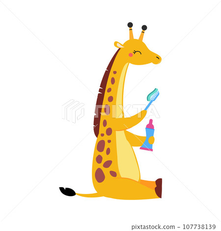 Yellow Giraffe Character Brushing Teeth with Toothbrush as Hygiene Vector Illustration 107738139