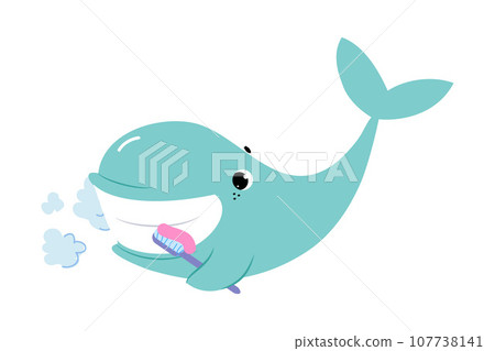 Blue Whale Character Brushing Teeth with Toothbrush as Hygiene Vector Illustration 107738141
