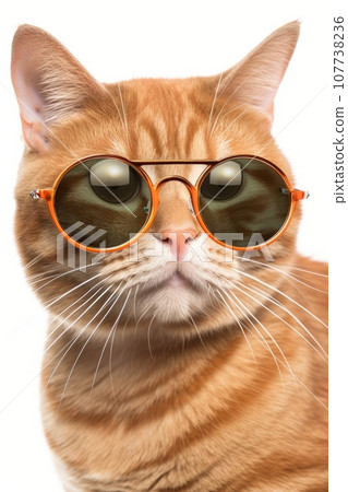 Close up ginger cat in round sunglasses, on white background 107738236