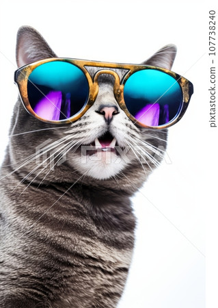 Cute grey cat in blue large round sunglasses, on white background 107738240