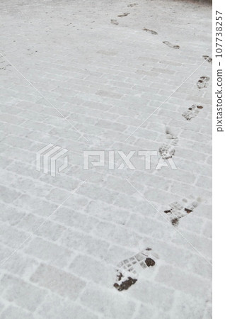 Footprints lined up on the snow on the ground 107738257