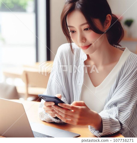 同時操作智慧型手機和電腦的職業婦女。留著長髮的日本職業婦女。 107738271