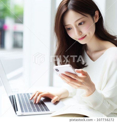 同時操作智慧型手機和電腦的職業婦女。留著長髮的日本職業婦女。 同時操作智慧型手機和電腦的職業婦女。留著長髮的日本職業婦女。 107738272