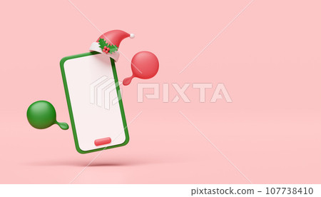 3d social media with mobile phone, smartphone, chat bubbles, Santa claus hat isolated on pink background. merry christmas and happy new year, 3d render illustration concept 3d social media with mobile phone, smartphone, chat bubbles, Santa claus hat isolated on pink background. merry christmas and happy new year, 3d render illustration concept 107738410
