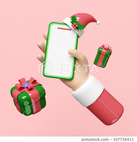 santa claus hands holding mobile phone or smartphone with gift box, hat, holly berry leaves isolated on pink background. online shopping, merry christmas and happy new year, 3d render illustration santa claus hands holding mobile phone or smartphone with gift box, hat, holly berry leaves isolated on pink background. online shopping, merry christmas and happy new year, 3d render illustration 107738411