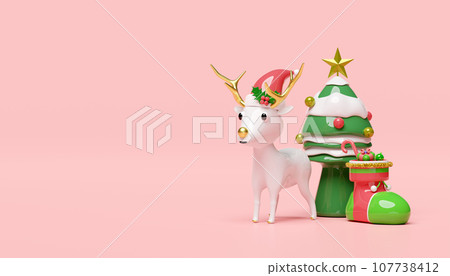 3d reindeer with  pine tree, gift box, hat, christmas sock isolated on pink background. merry christmas and happy new year, 3d render illustration 107738412
