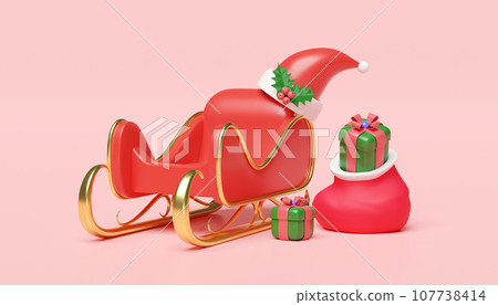 3d sleigh with bag, gift box, hat, holly berry leaves isolated on pink background. merry christmas and happy new year, 3d render illustration 107738414