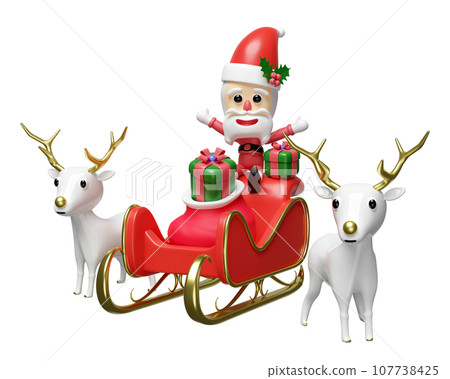 3d Santa claus with reindeer, sleigh, gift box, hat, bag isolated. merry christmas and happy new year, 3d render illustration 107738425