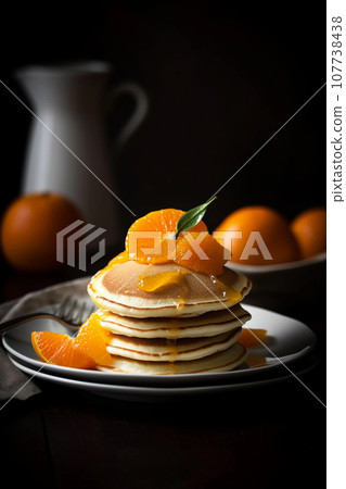 Plate of pancakes drizzled with maple syrup and topped with oranges, created with Generative AI technology. 107738438