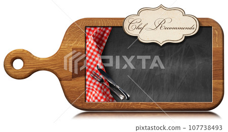 Wooden Cutting Board with Empty Chalkboard and Text Chef Recommends 107738493
