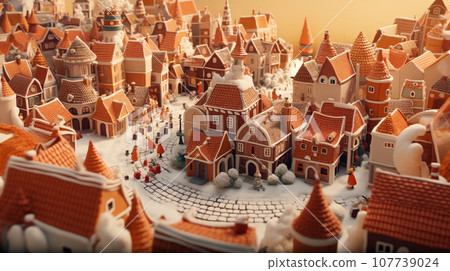 AI-generated content. Snow covered town made from gingerbread 107739024