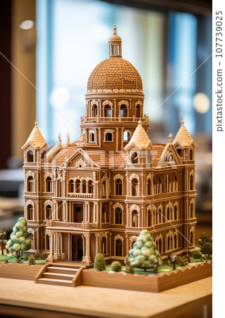 AI-generated content. Snow covered townhall made from gingerbread AI-generated content. Snow covered townhall made from gingerbread 107739025