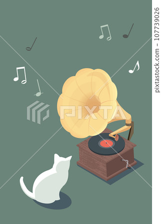 Illustration of a gramophone and a white cat Illustration of a gramophone and a white cat 107739026