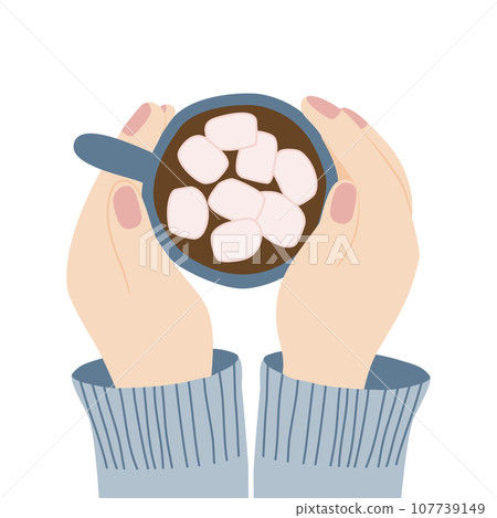 Hands holding cup of hot chocolate with marshmallow, coffee time or coffee break concept, vector 107739149