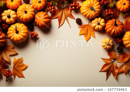 Flat lay Autumn frame with decorative pumpkins and fallen leaves on a white background. Flat lay Autumn frame with decorative pumpkins and fallen leaves on a white background. 107739463