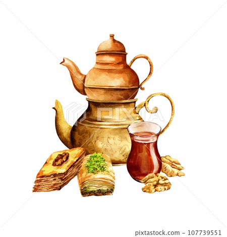watercolor hand drawn metal teapot with oriental sweets, illustration of traditional Turkish sweets, baklava with honey and nuts, hand drawn sketch isolated on white background 107739551