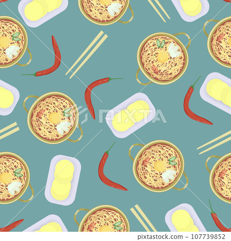 Seamless pattern with ramen, chilli pepper, pickled radish and chopsticks. Asian food. Seamless pattern with ramen, chilli pepper, pickled radish and chopsticks. Asian food. 107739852