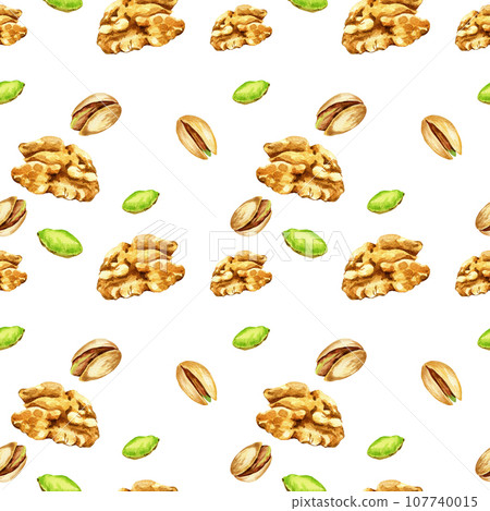 seamless pattern with watercolor nuts, hand drawn illustration of pistachio and walnuts, snack, sketch of beige and green nuts isolated on white background 107740015