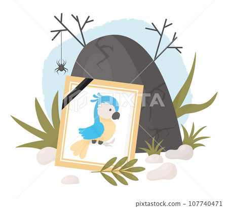 Mourning photograph of dead parrot. Cemetery, grave and stones with grass. Vector illustration in cartoon flat style. frame portrait with lovely pet of bird ghost 107740471