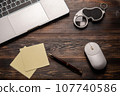 Laptop, opened magnifier, mouse, pen and paper for taking notes on the dark wooden table. Close up 107740586