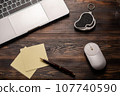 Laptop, magnifier, mouse, pen and paper for taking notes on the dark wooden table. Close up for your 107740590