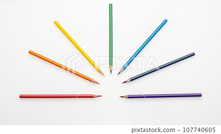 Color pencils rainbow colors in the form of a fan on a white background top view 107740605