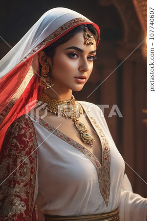 Beautiful eastern young pretty woman in traditional national dress like a princess. Generative AI Beautiful eastern young pretty woman in traditional national dress like a princess. Generative AI 107740607