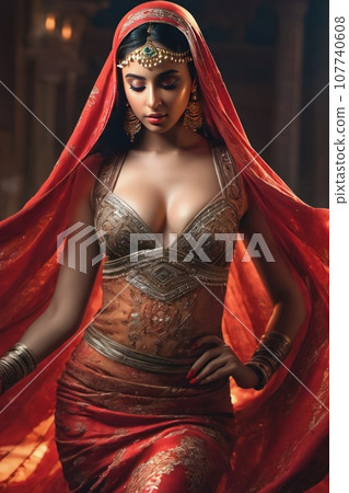 Beautiful eastern young woman in traditional national dress like a princess. Generative AI 107740608