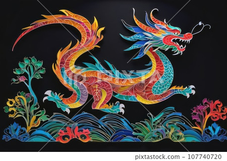 Traditional Chinese dragon paper cut on black background. Symbol of the year 2024 digital art Traditional Chinese dragon paper cut on black background. Symbol of the year 2024 digital art 107740720