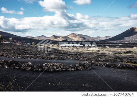 Traditional white houses in black volcanic landscape of La Geria wine growing region with view of Timanfaya National Park in Lanzarote. Touristic attraction in Lanzarote island, Canary Islands, Spain Traditional white houses in black volcanic landscape of La Geria wine growing region with view of Timanfaya National Park in Lanzarote. Touristic attraction in Lanzarote island, Canary Islands, Spain 107740764