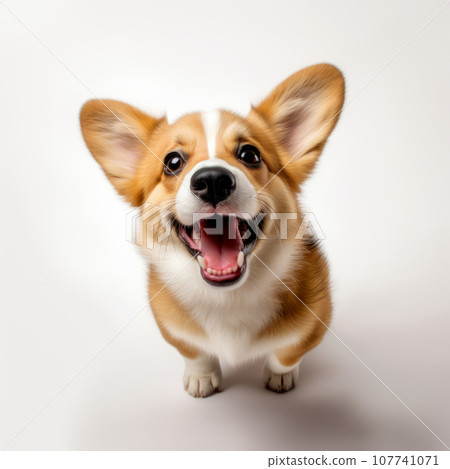 Cute puppy corgi pembroke. Welsh corgi breed dog sitting on a white background. 107741071