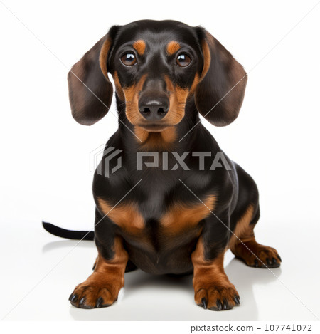 Dachshund puppy dog sits, isolated in white background. 107741072
