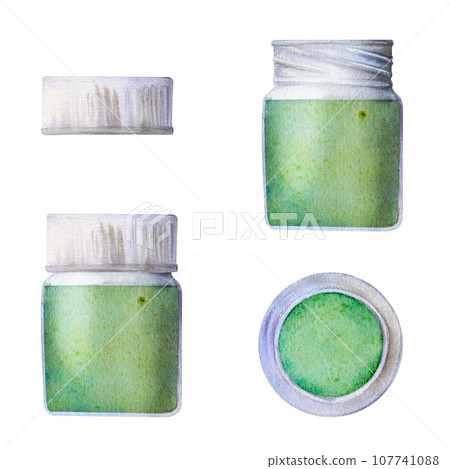 Watercolor hand drawn illustration, kids children paint materials supplies, green color bottle with cap, closed and opened. Single object isolated on white. For school, shop, party, cards, website 107741088
