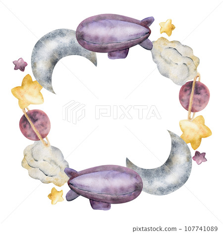 Watercolor hand drawn illustration, magical cosmos universe, clouds, stars planets, airship balloon. Circle wreath frame Isolated on white background. For kids, children bedroom, fabric, linens print Watercolor hand drawn illustration, magical cosmos universe, clouds, stars planets, airship balloon. Circle wreath frame Isolated on white background. For kids, children bedroom, fabric, linens print 107741089