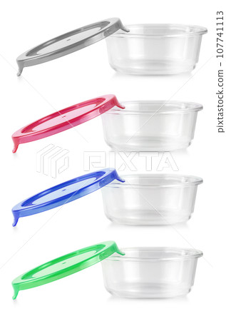 set of glass food container with colored plastic lides isolated on white set of glass food container with colored plastic lides isolated on white 107741113