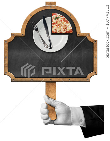 Template for a Pizza Menu with Empty Blackboard Isolated on White Background Template for a Pizza Menu with Empty Blackboard Isolated on White Background 107741313