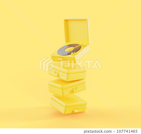 Yellow monochrome vinyl record players 3d render. Isolated stack of vintage music turntable, fly open and closed old portable boxes, creative art design, mockup banner for retro party. 3D illustration 107741465